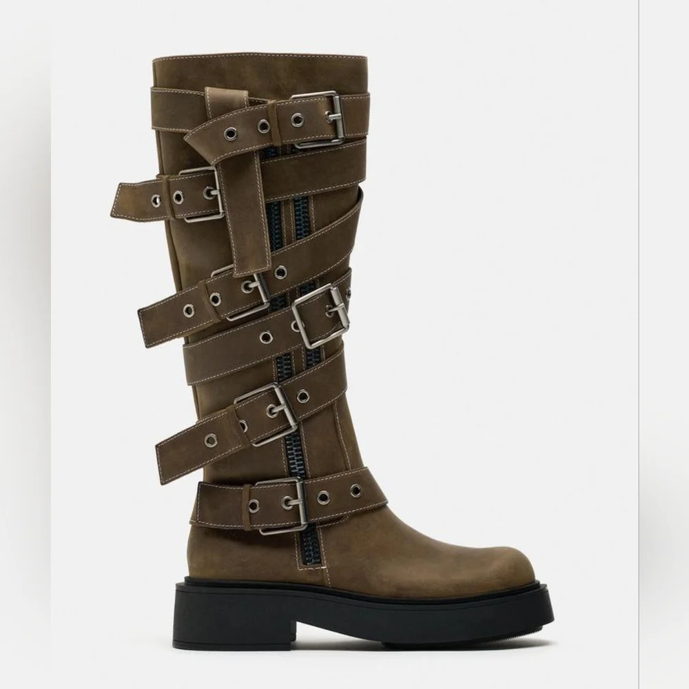 RARE ZARA BUCKLED LEATHER KNEE HIGH BOOTS NWT